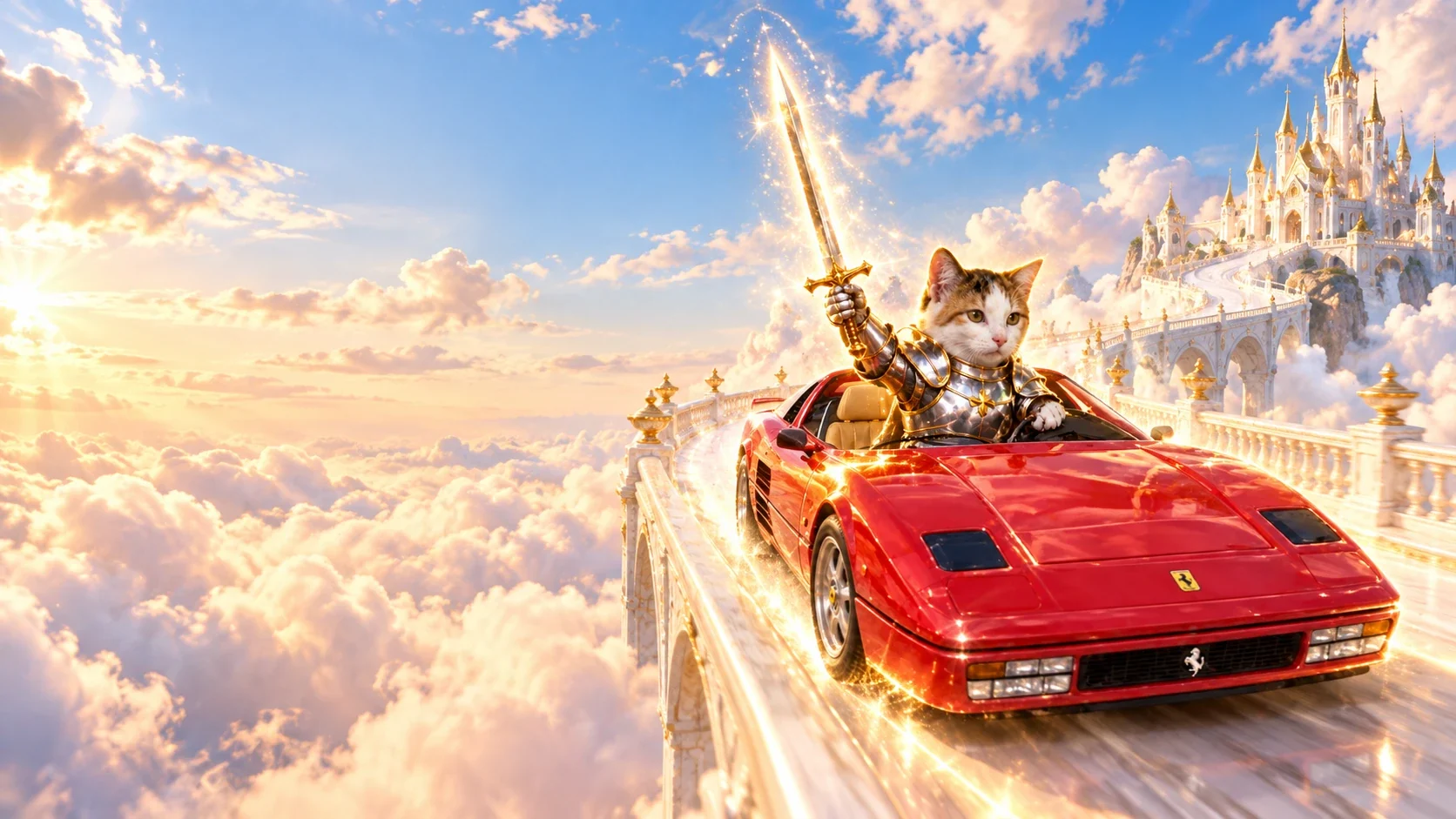 The armoured cat driving over a marble bridge above the clouds toward a white castle