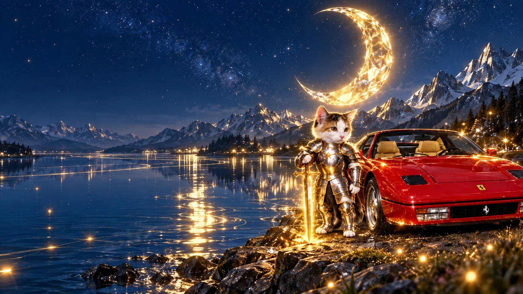 The armoured cat standing by the car at a mountain lake under a golden crescent moon, leaning on the sword