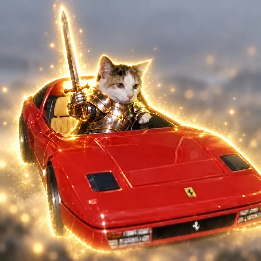 The calico cat in knight's armour driving a red sports car through golden mist, sword raised