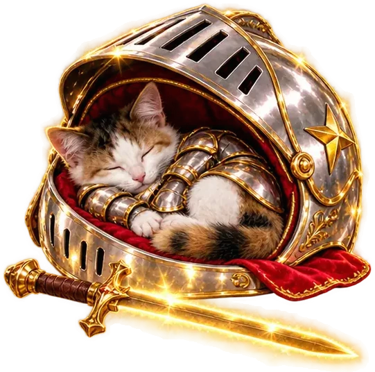 The cat asleep inside an upturned knight's helmet, sword on the floor beside it